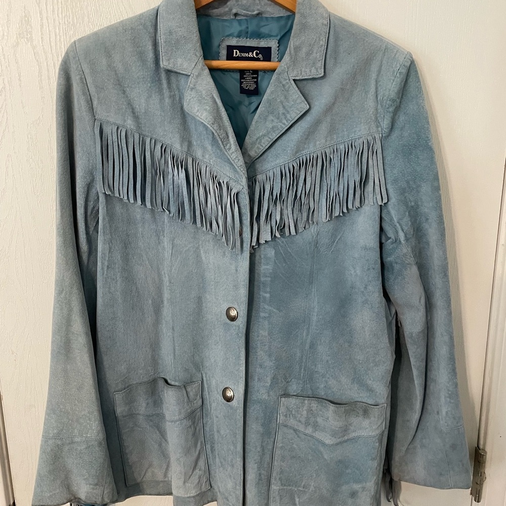 Denim&Co Light Blue Suede Fringe Jacket L